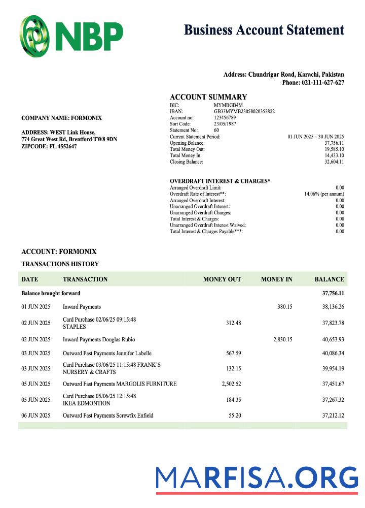 Printable Pakistan NBP business checking account statement Word and PDF template